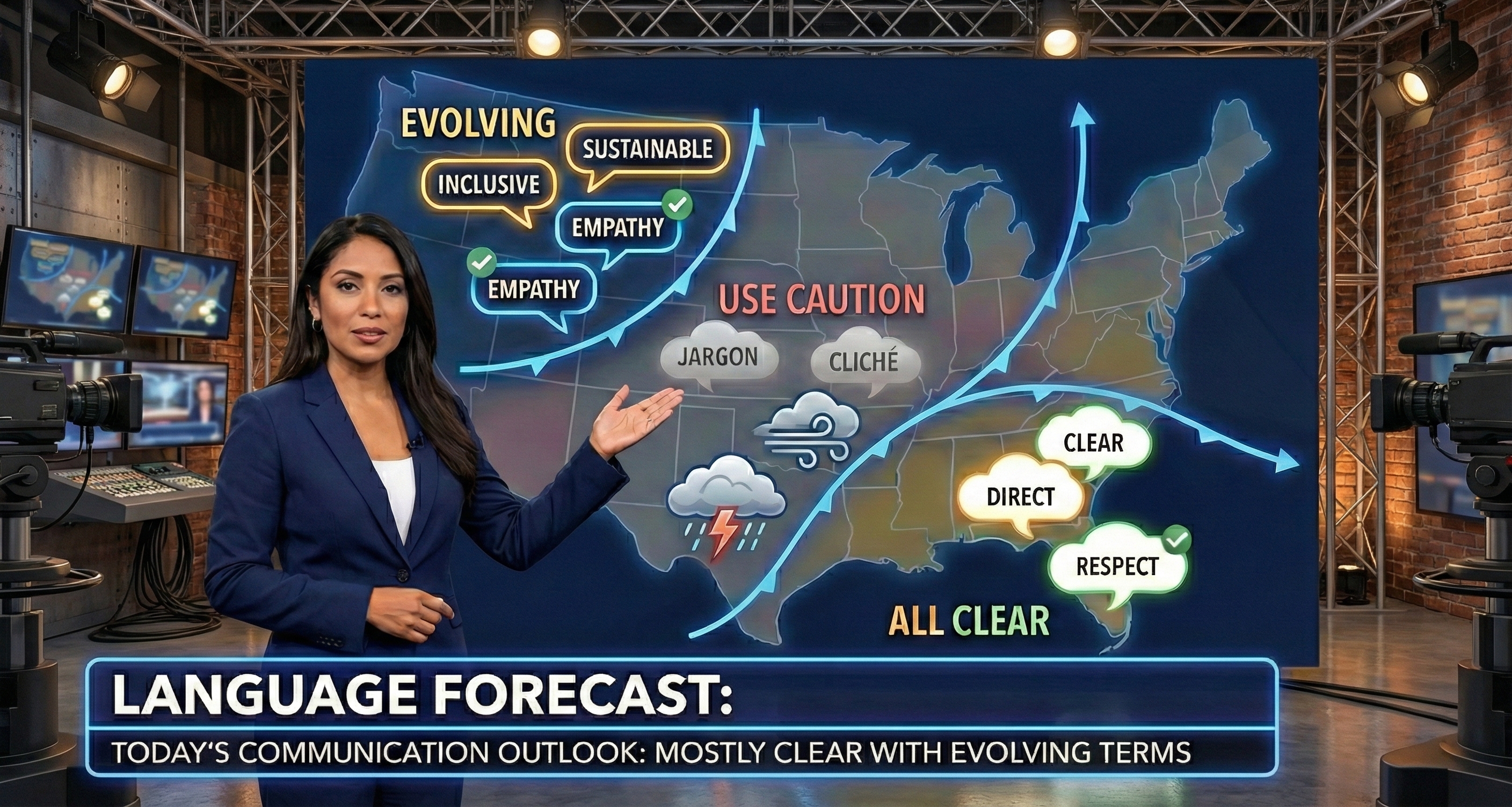 Language Forecast - A presenter showing today's communication outlook with evolving terms on a weather-style map